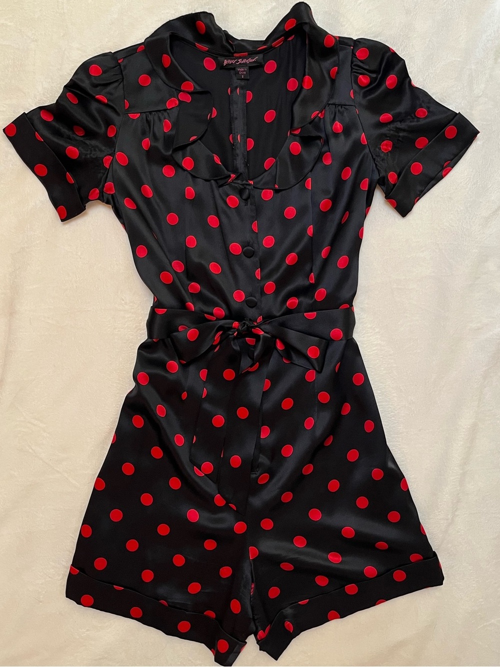 Vintage Betsey Johnson Silk Black and Red Polka Dot Romper